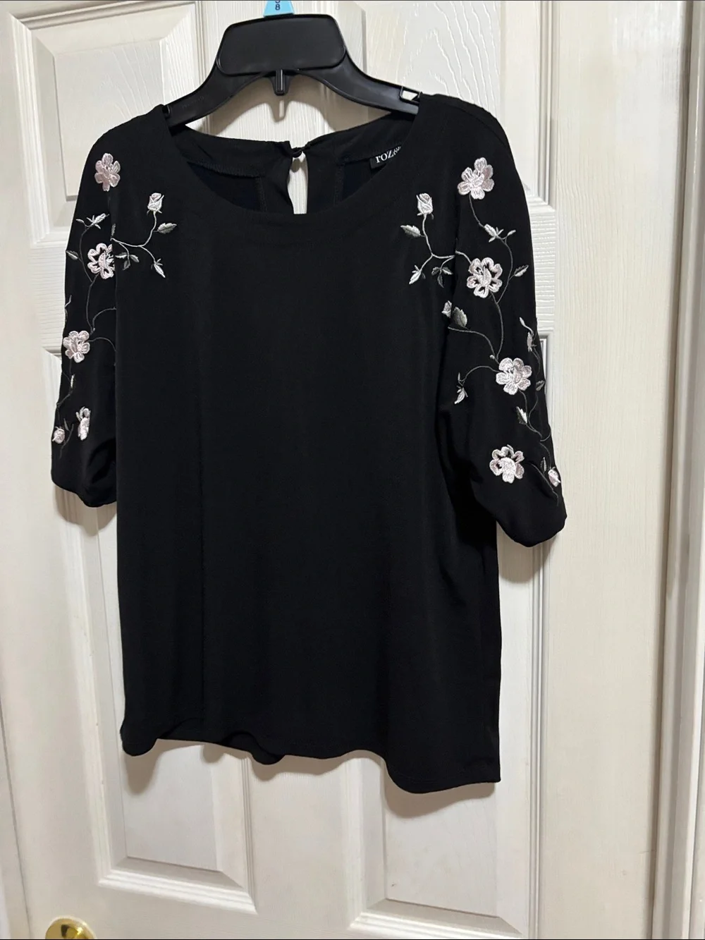 Roz & Ali Black Blouse with Pink Floral Embroidery